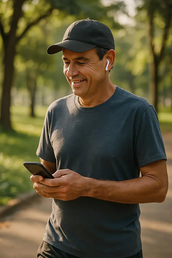 Pessoa estudando inglês com fone de ouvido: caminhando