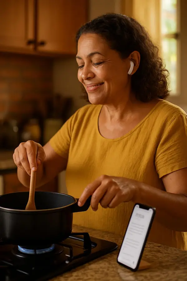 Pessoa estudando inglês com fone de ouvido: cozinhando