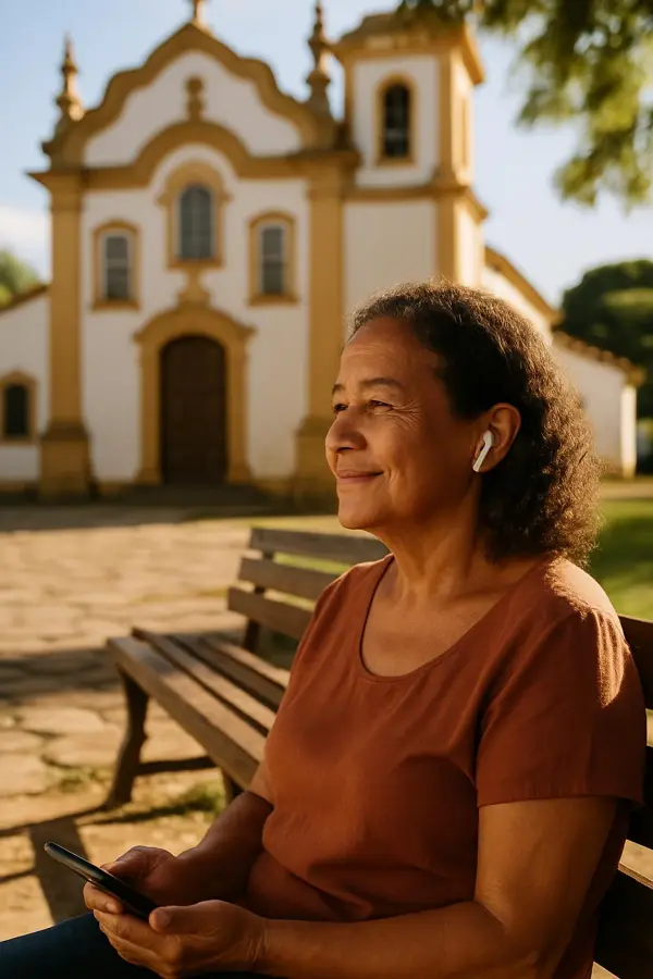 Pessoa estudando inglês com fone de ouvido: na igreja